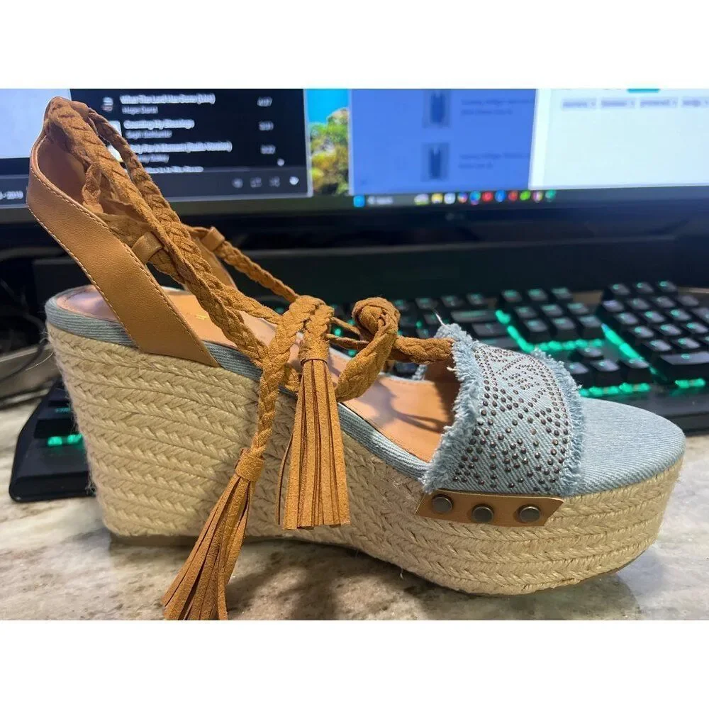 Tommy Hilfiger Women Blue Tan Studded Espadrille Tie-Up Wedge 8M